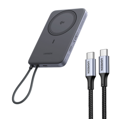 UGREEN MagFlow Air Magnetic Power Bank (10000mAh, Qi2 15W) & 100W USB-C Cables（1M）