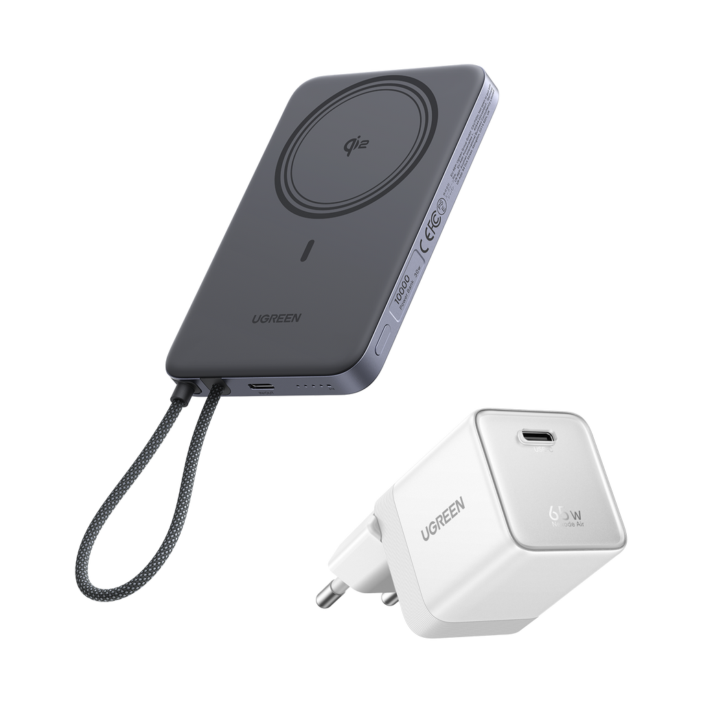 UGREEN MagFlow Air-powerbank og Nexode Air-opladerpakke (5.000 mAh / 10.000 mAh, Qi2 15 W, 65 W GaN)
