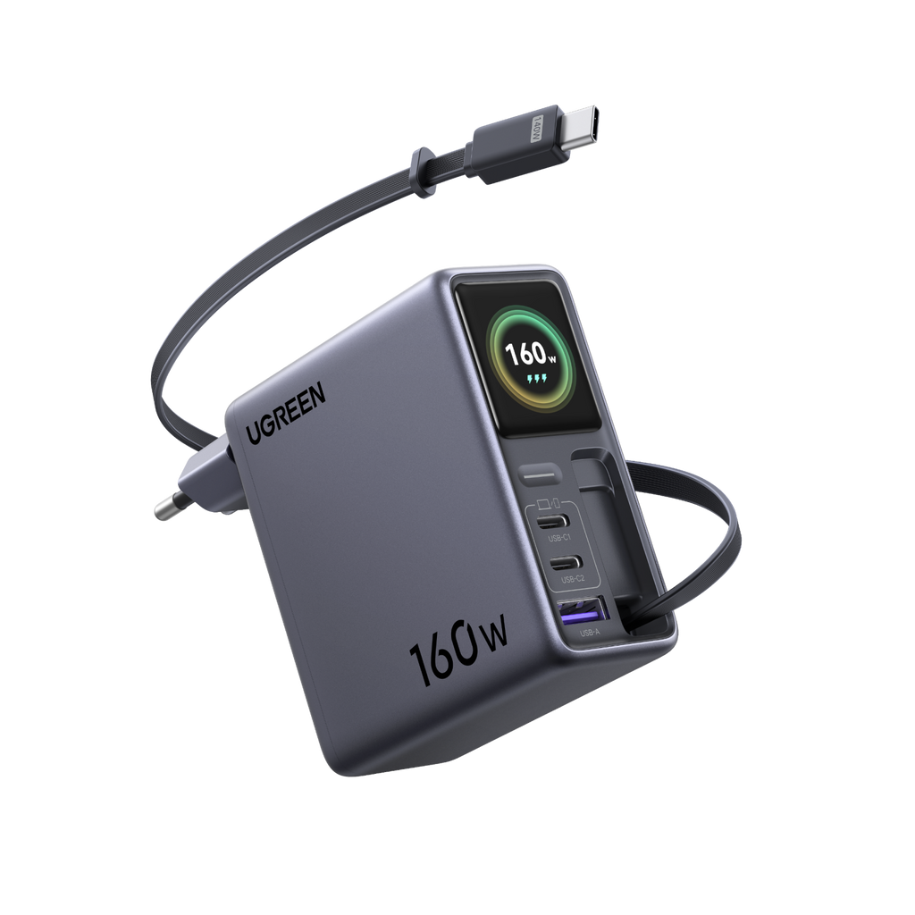 UGREEN Nexode Pro Smart Display Charger (160W, 4-Port, GaN, Retractable Cable, App Control)