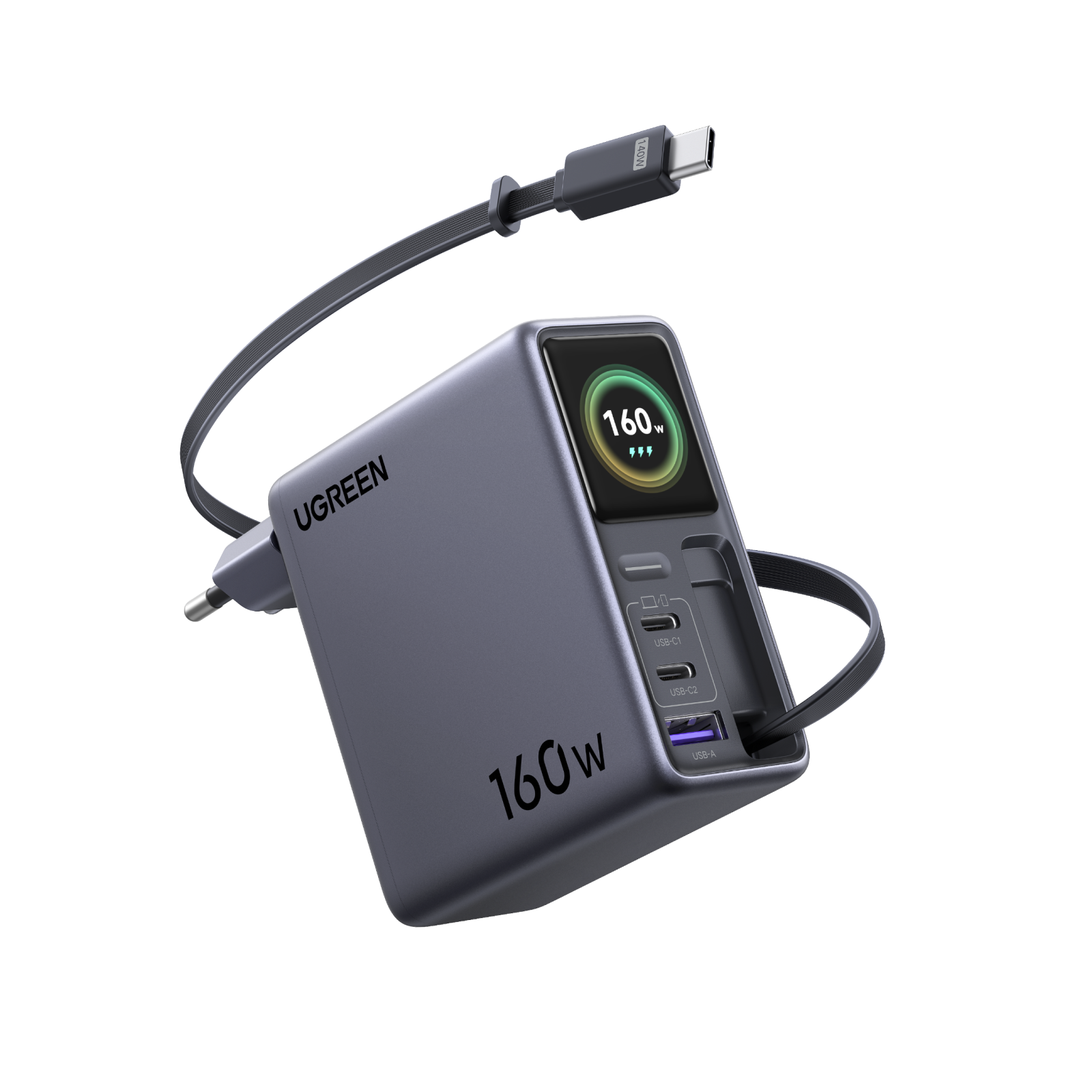 UGREEN Nexode Pro Smart Display Charger (160W, 4-Port, GaN, Retractable Cable, App Control)