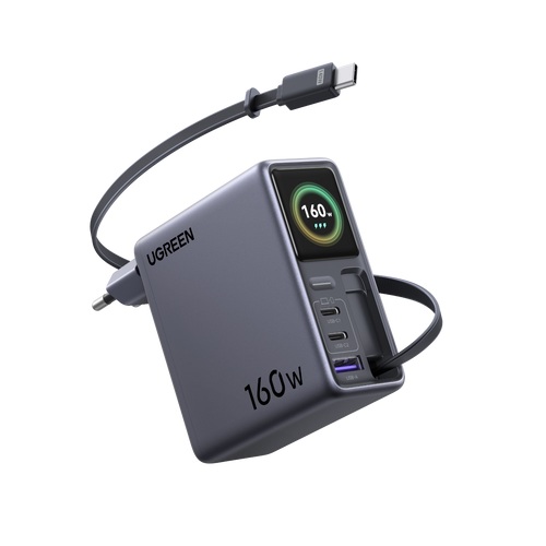 UGREEN Nexode Pro Smart Display Charger (160W, 4-Port, GaN, Retractable Cable, App Control)