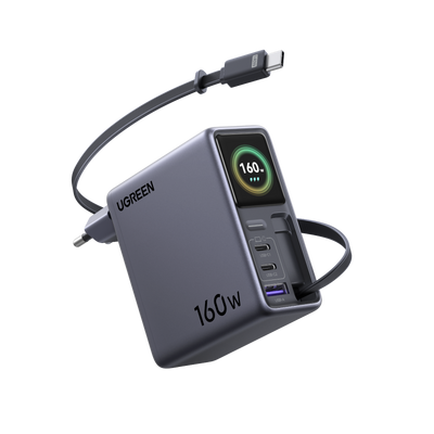 UGREEN Nexode Pro Ladegerät mit Smart-Display (160W, 4 Anschlüsse, GaN, einziehbares Kabel, App-Steuerung)