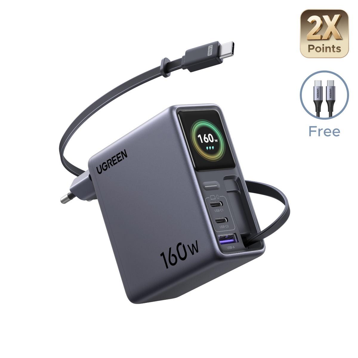 UGREEN Nexode Pro Smart Display Charger (160W, 4-Port, GaN, Retractable Cable, App Control)