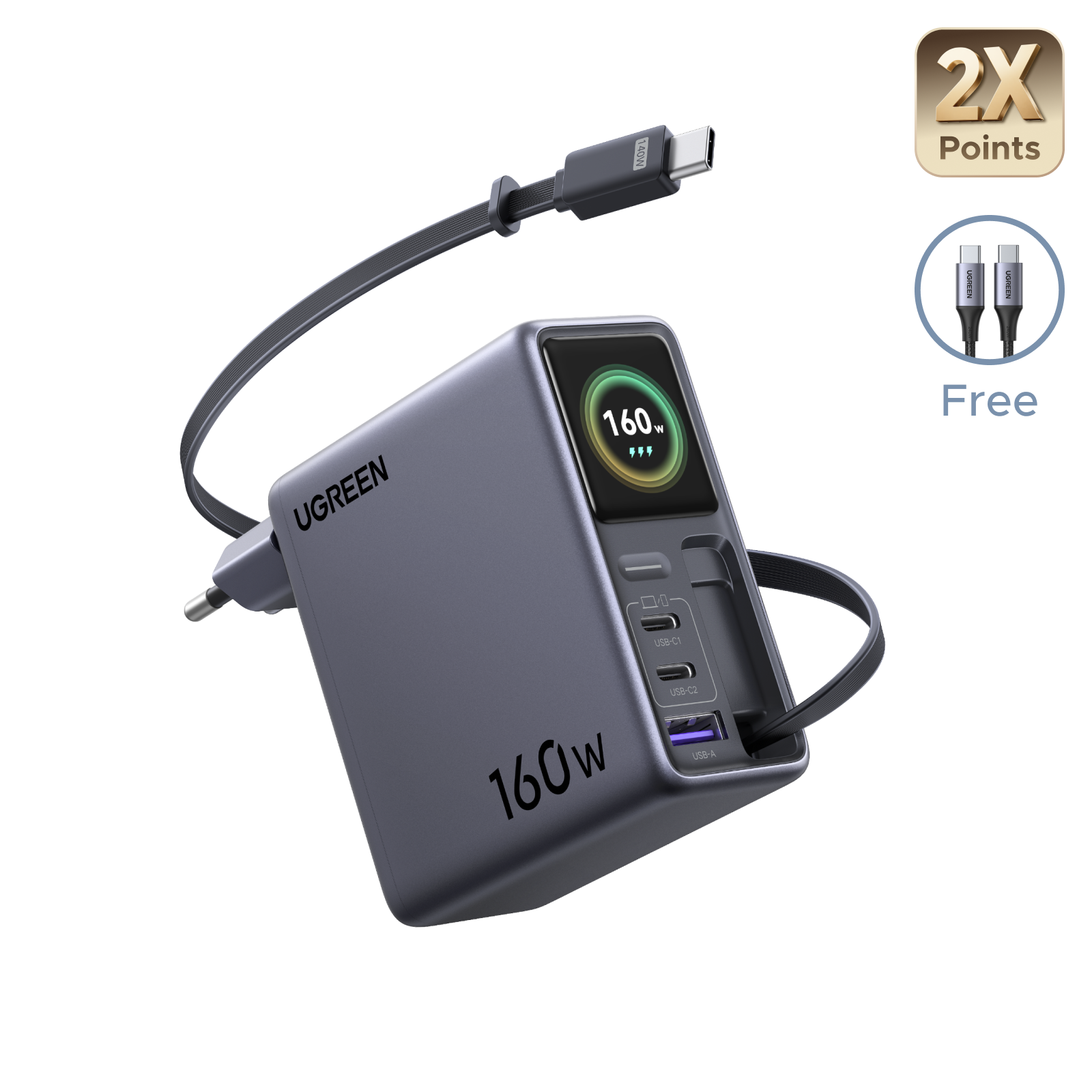 UGREEN Nexode Pro Smart Display Charger (160W, 4-Port, GaN, Retractable Cable, App Control)