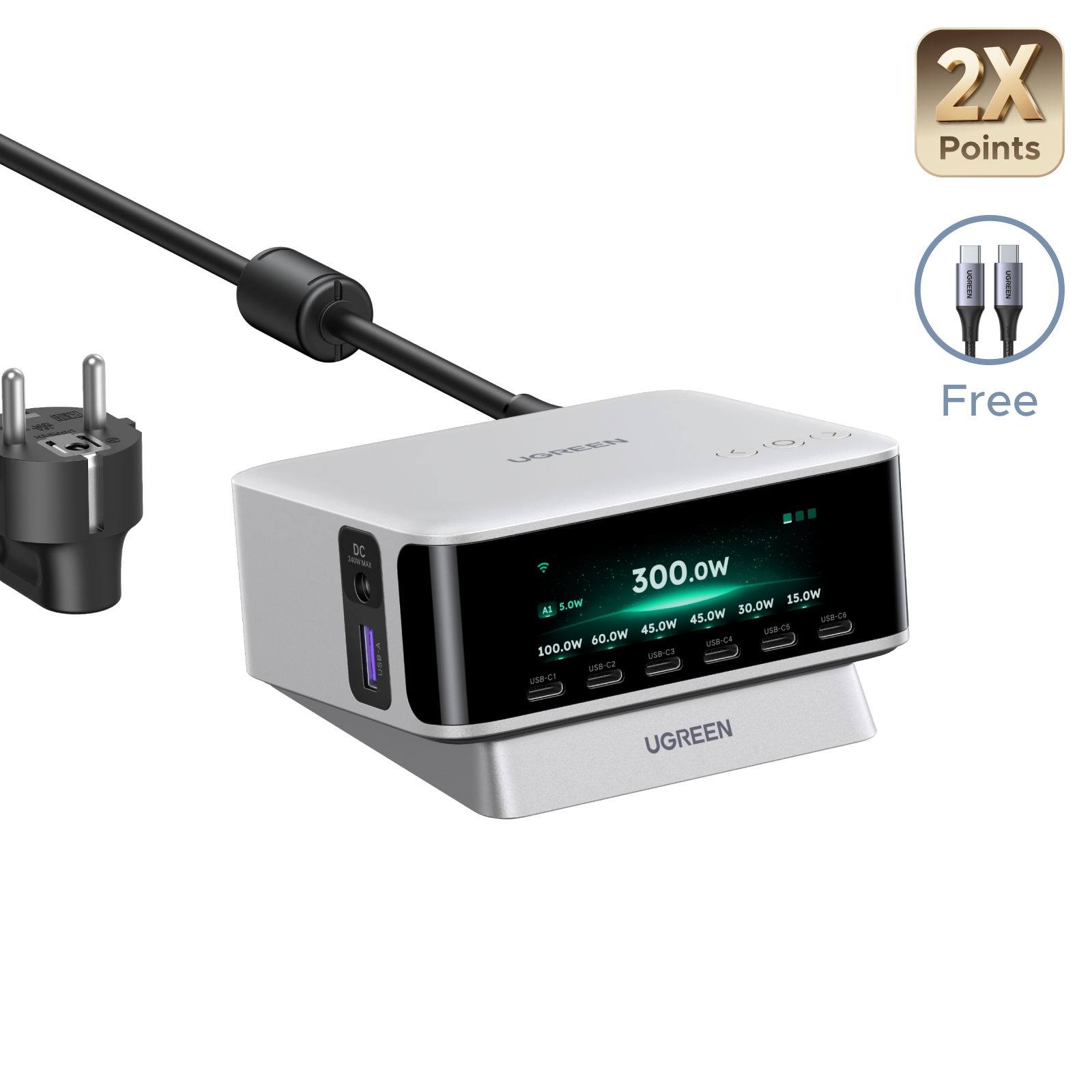 UGREEN Nexode Pro Smart Display Desktop Charger (300W, 8-Port, GaN, 5 Charging Modes)
