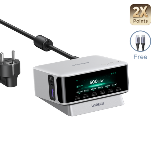 UGREEN Nexode Pro Desktop-Ladegerät mit Smart-Display (300 W, 8 Anschlüsse, GaN, 5 Lademodi)