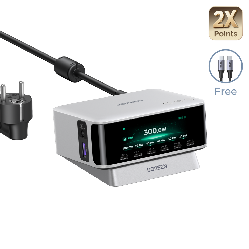 Carregador de secretária UGREEN Nexode Pro com visor inteligente (300 W, 8 portas, GaN, 5 modos de carregamento)