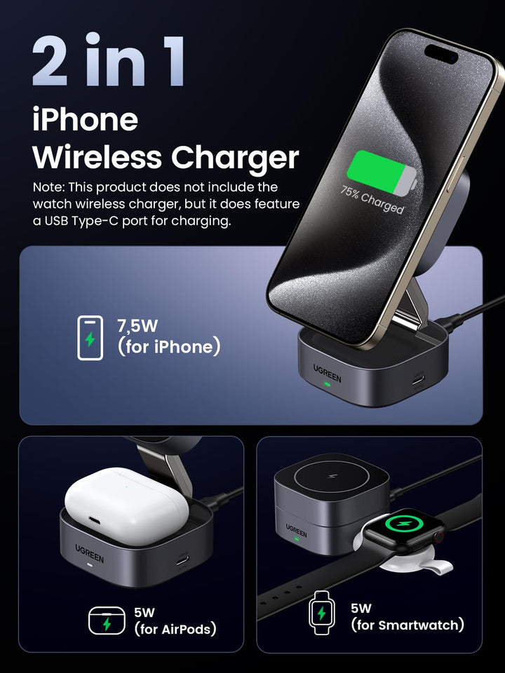 UGREEN 2 - in - 1 Magnetic Foldable Charging Station, 2-in-1 iphone wireless charger for airpods and smartwatch