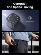 UGREEN MagFlow 2-in-1 Wireless Charger with magnetic design, magsafe compatible and Qi2 15W wireless charging, featuring a compact and space-saving foldable design ideal for travel and desk use.