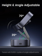 UGREEN MagFlow 2-in-1 Wireless Charger with magnetic design and magsafe compatible stand, featuring adjustable height and angle from 35° to 70° for optimal viewing while delivering stable Qi2 15W wireless charging.