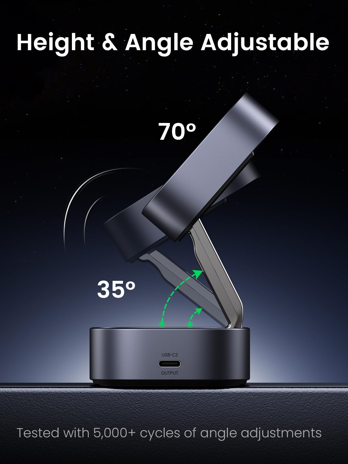 UGREEN MagFlow 2-in-1 Wireless Charger with magnetic design and magsafe compatible stand, featuring adjustable height and angle from 35° to 70° for optimal viewing while delivering stable Qi2 15W wireless charging.
