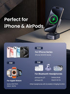 UGREEN MagFlow 2-in-1 Wireless Charger, fully magsafe compatible, supports Qi2 15W wireless charging for iPhone 15/14/13, and provides 5W charging for Apple Watch (Series 9/8/7/6/5, Ultra2, SE) as well as Bluetooth headphones including AirPods, Galaxy Buds, and Xiaomi Air 2s, with strong magnetic alignment for secure charging.