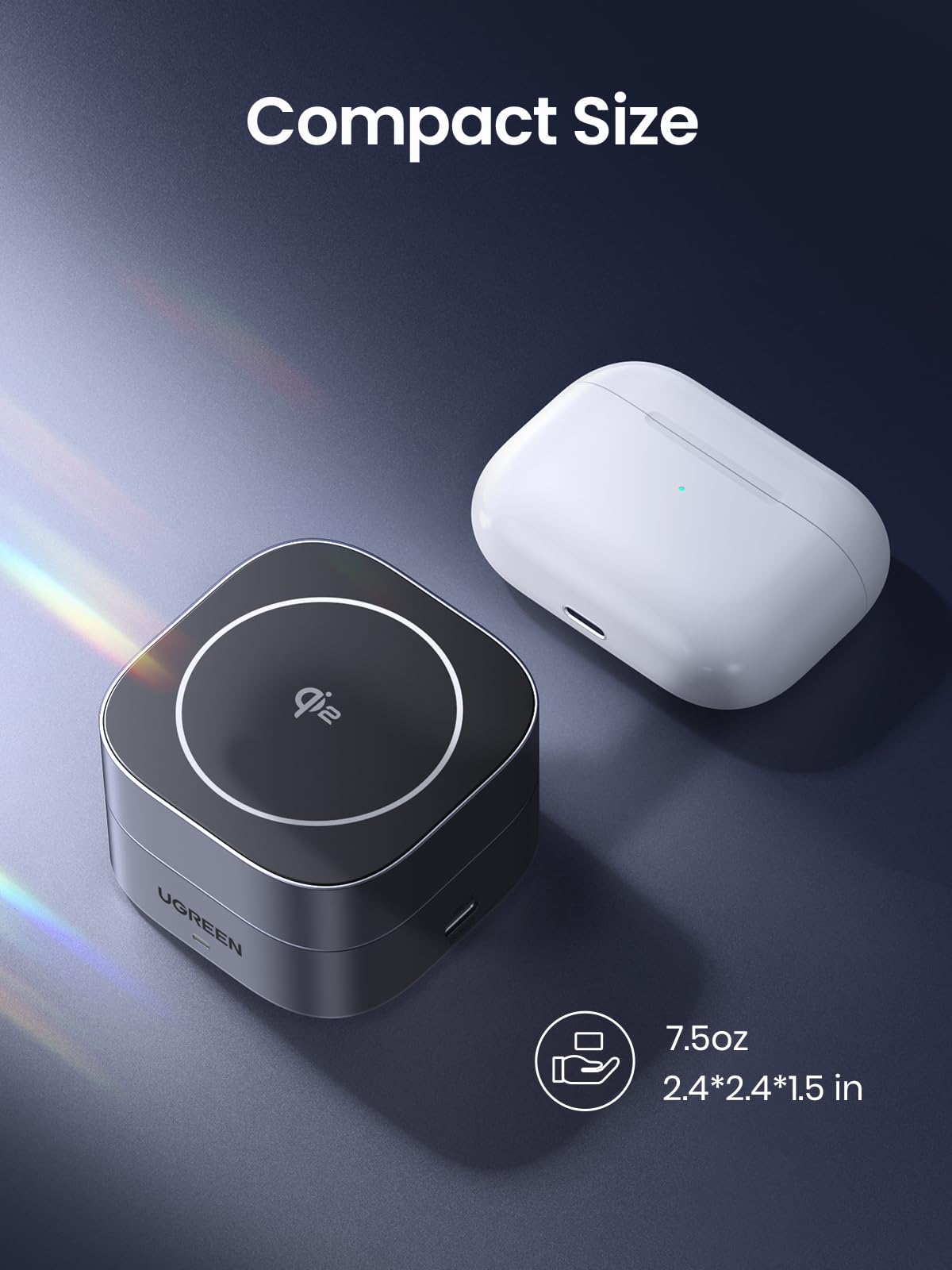 UGREEN MagFlow 2-in-1 Wireless Charger, fully magsafe compatible, compact and lightweight at 212g with dimensions of 60*60*38.5mm, featuring strong magnetic alignment and supporting Qi2 15W wireless charging for portable and convenient device charging.