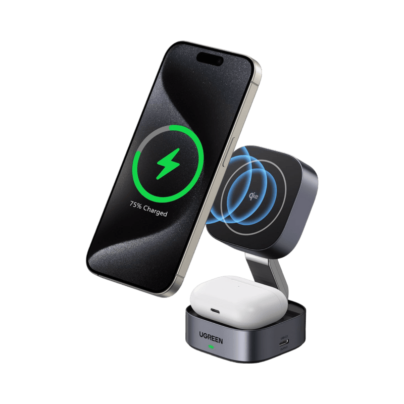 UGREEN MagFlow 2-in-1 Wireless Charger (Qi2 15W, MagSafe Compatible, Foldable)