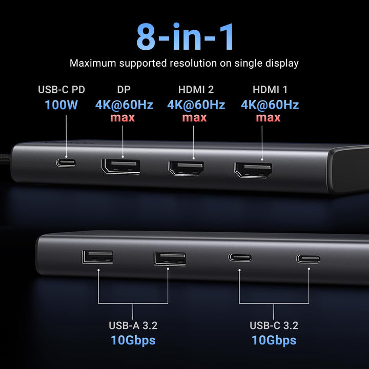 UGREEN 8 in 1 USB C Docking Station with Dual Monitor, 4K Triple Display USB C Hub with 2 HDMI, DP, 2 USB A&C 3.2 Ports, 100W PD, USB C Dock Compatible for MacBook, Dell, HP, Lenovo, Surface etc - UGREEN EU