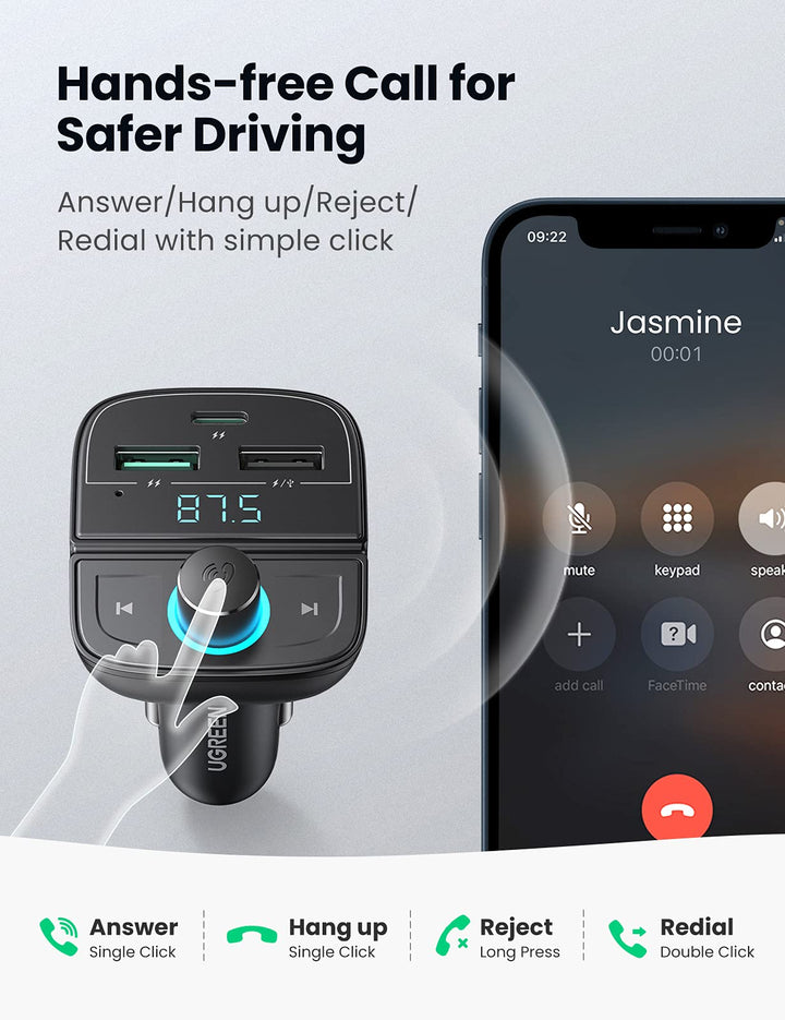 UGREEN Car Bluetooth Adapter - Bluetooth FM Transmitter for Car PD/QC 3.0 Car Charger for iPhone 15/14/13/11, Support Hand - Free Calling/MP3 Audio Playing/TF&USB Driver/Car Voltage Display - UGREEN EU