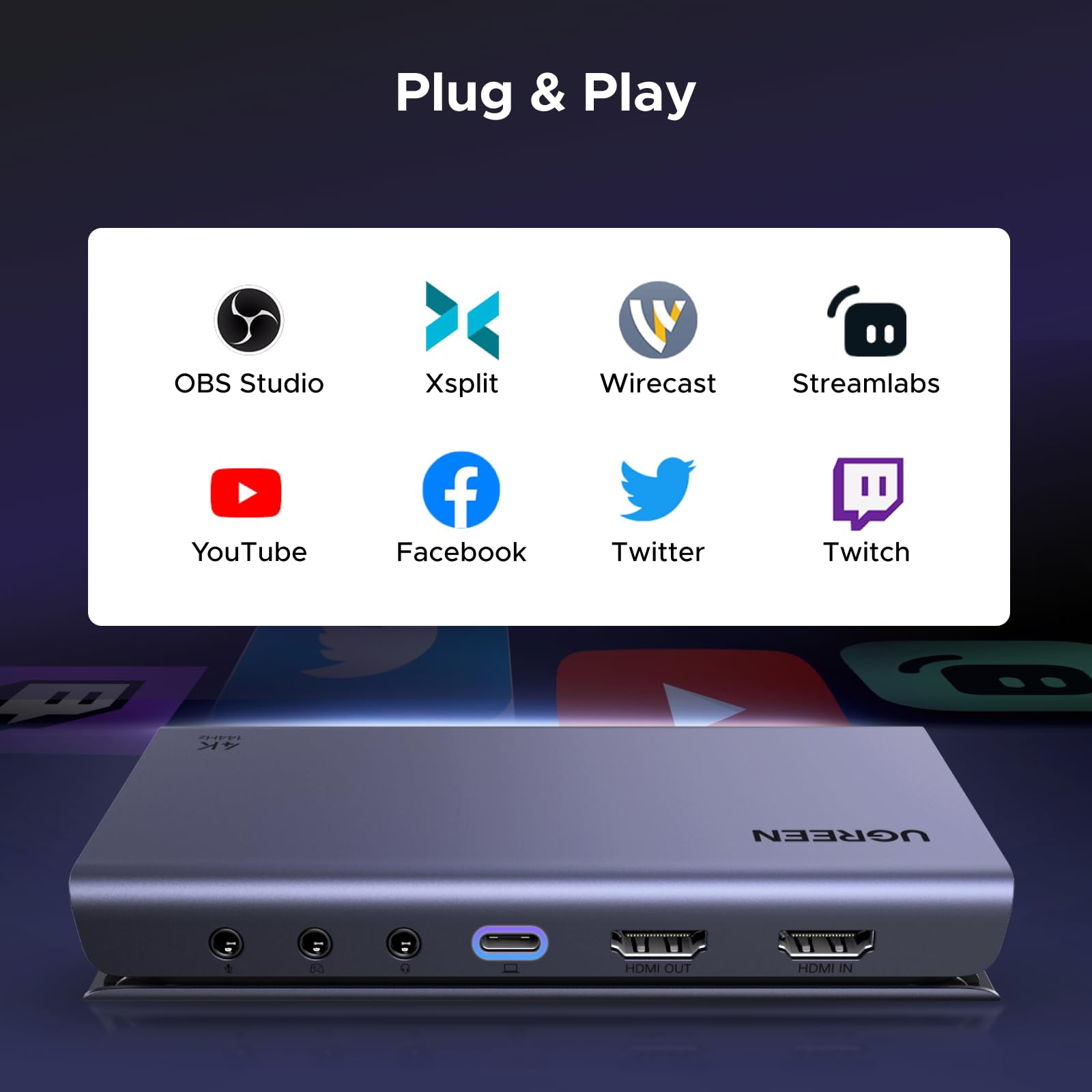 UGREEN HDMI 2.1 Video Capture Card 4K 144Hz USB 3.2 Gen 2, Capture for Streaming and Recording 4K 144Hz, Loop Output, Compatible with Switch 2, Xbox, PS5, PC, OBS, XSplit - UGREEN EU