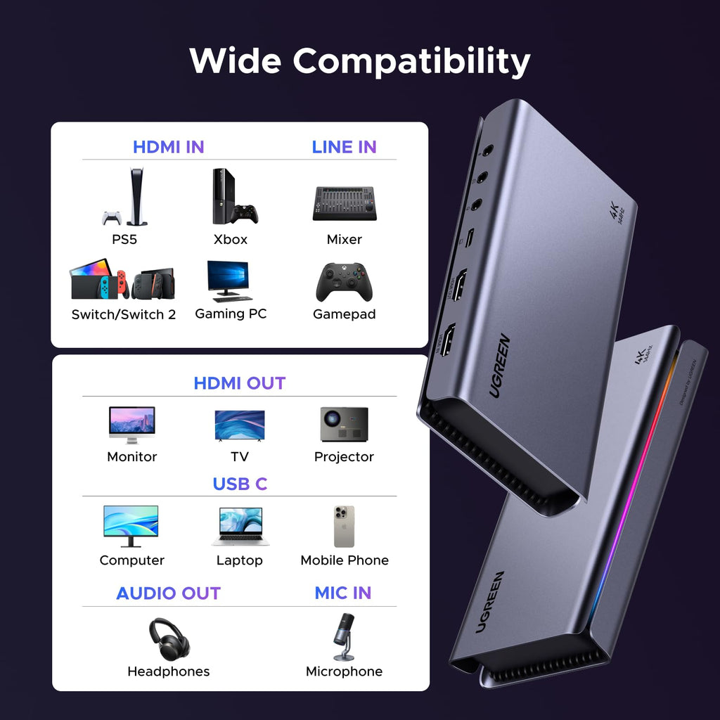 UGREEN HDMI 2.1 Video Capture Card 4K 144Hz USB 3.2 Gen 2, Capture for Streaming and Recording 4K 144Hz, Loop Output, Compatible with Switch 2, Xbox, PS5, PC, OBS, XSplit - UGREEN EU