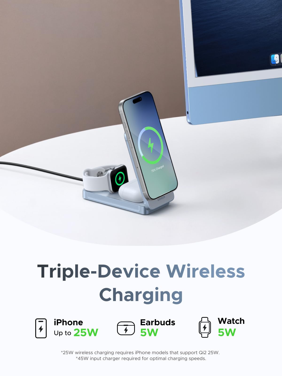 UGREEN MagFlow 3-in-1 Magnetic Wireless Charger (Qi2 25W, MagSafe