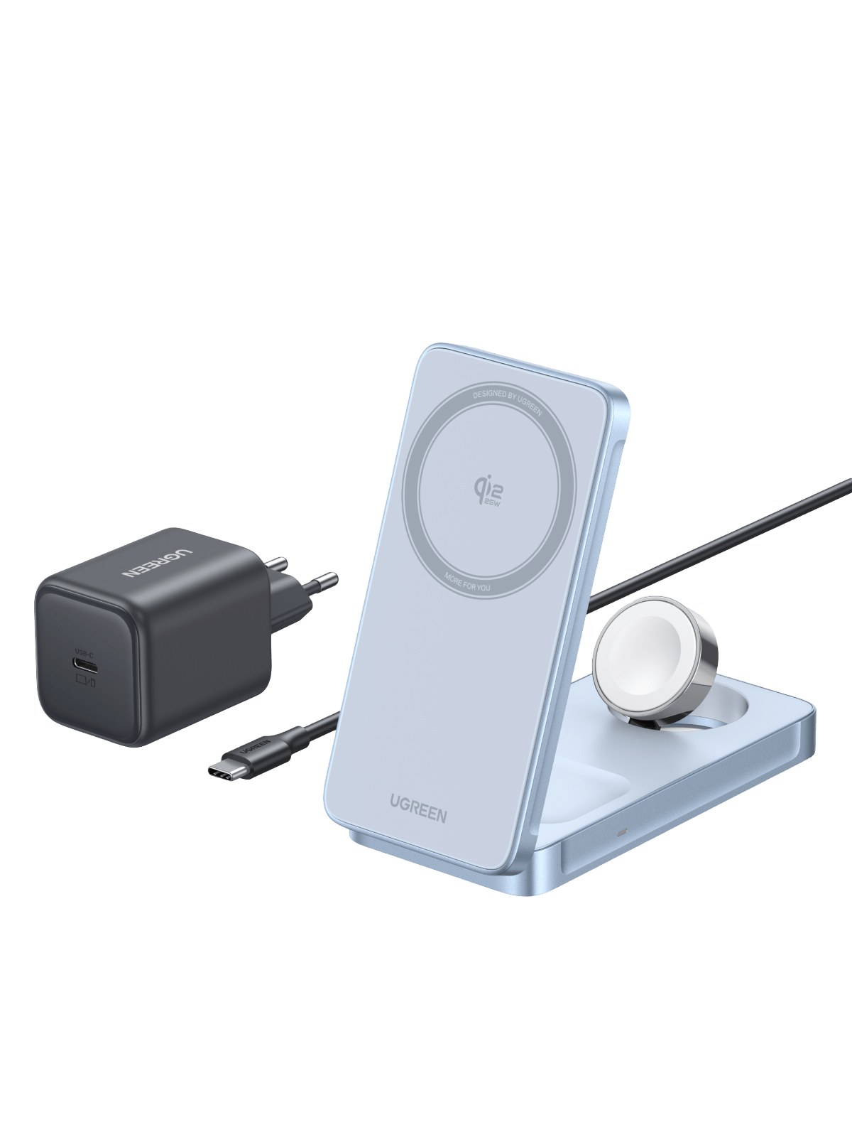 UGREEN MagFlow 3-in-1 wireless charger integrates a magsafe charger with magnetic power bank features, supporting Qi2 25W fast wireless charging to charge iPhone, AirPods, and iWatch at once, delivering a complete magsafe power bank ecosystem for magsafe compatible devices.
