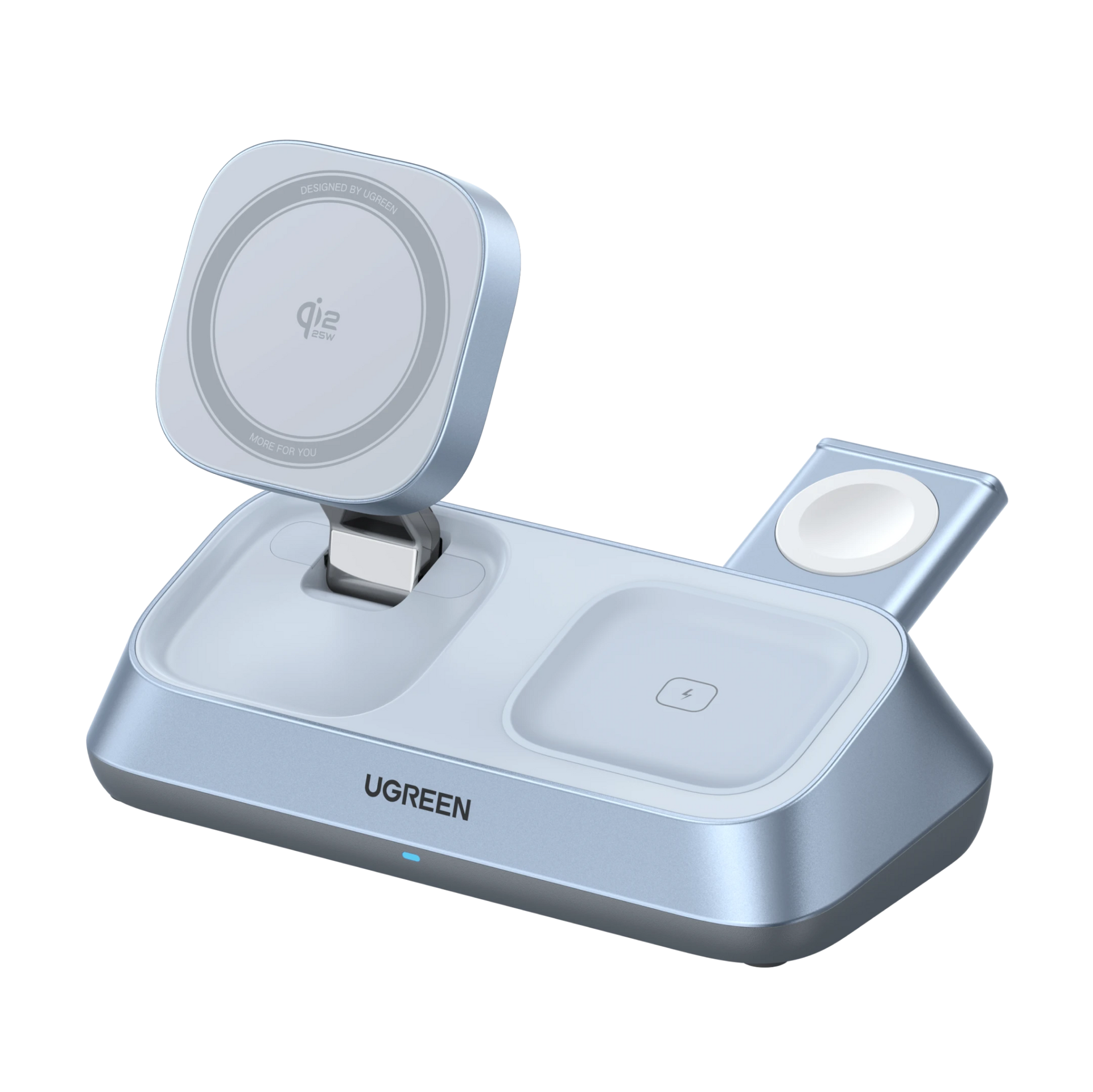 UGREEN MagFlow 3-in-1 desktop wireless charger combines the stability of a magsafe charger with the flexibility of a magnetic power bank, delivering Qi2 25W fast wireless charging that powers iPhone, AirPods, and iWatch together, creating a premium magsafe power bank solution for magsafe compatible devices.