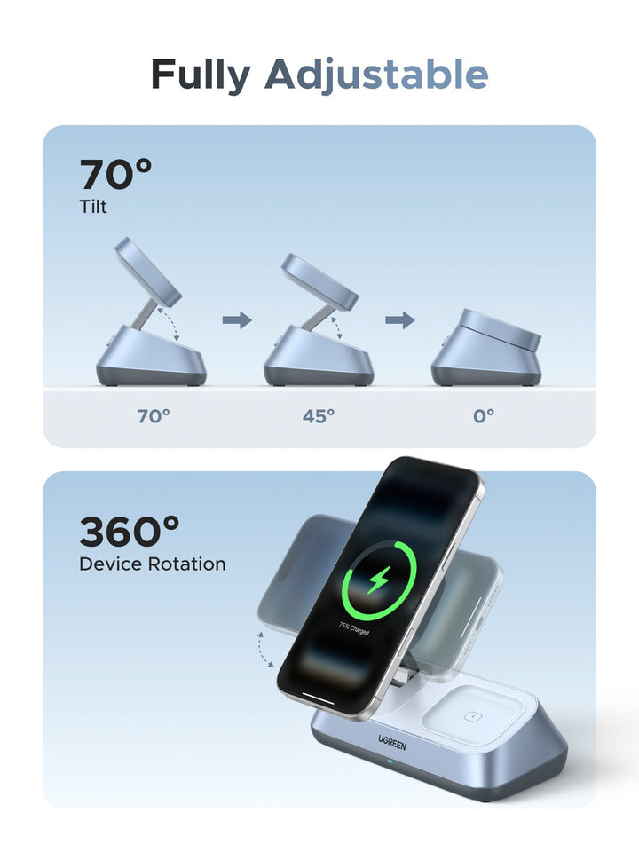 UGREEN MagFlow 3 - in - 1 Magnetic Wireless Desktop Charger (Qi2 25W, MagSafe - Compatible) - UGREEN EU