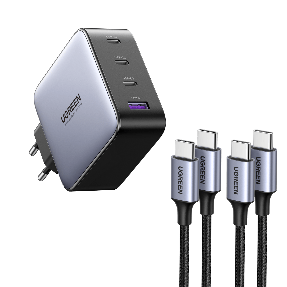 UGREEN Nexode 100W 4portová GaN nabíječka a 2× 60W nabíjecí kabely