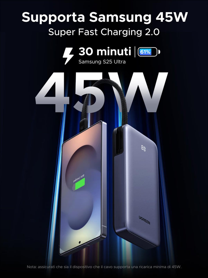 UGREEN Nexode Power Bank 20000 mAh 45 W with Integrated USB C Cable, Portable Battery Fast Charging PD 3.0 Compatible with iPhone 17 Pro Max Air Galaxy S25 Ultra S24 S23 MacBook Pro Air iPad - UGREEN EU