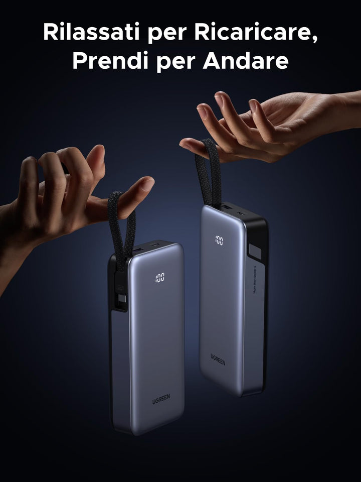 UGREEN Nexode Power Bank 20000 mAh 45 W with Integrated USB C Cable, Portable Battery Fast Charging PD 3.0 Compatible with iPhone 17 Pro Max Air Galaxy S25 Ultra S24 S23 MacBook Pro Air iPad - UGREEN EU