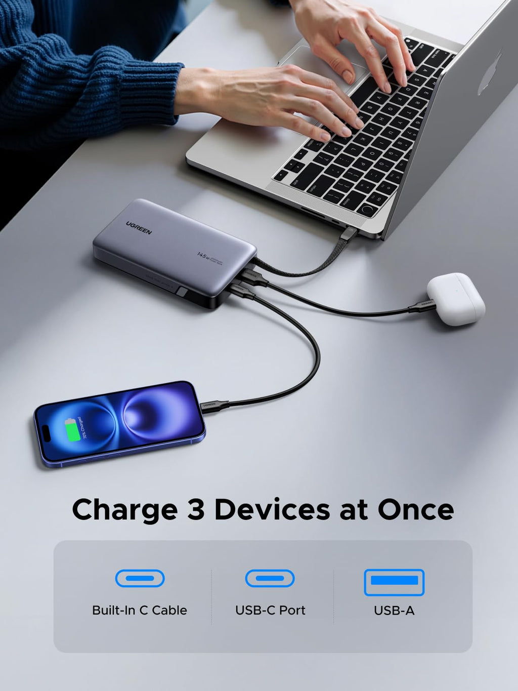 UGREEN Nexode Power Bank (20000mAh, 145W, 3 - Port, Built - in Cable) - UGREEN EU