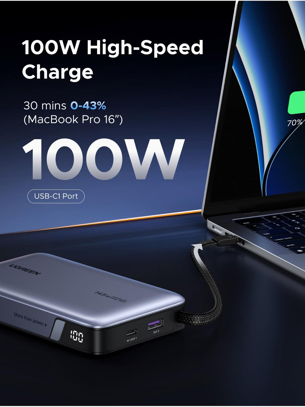 UGREEN Nexode Power Bank (20000mAh, 145W, 3 - Port, Built - in Cable) - UGREEN EU