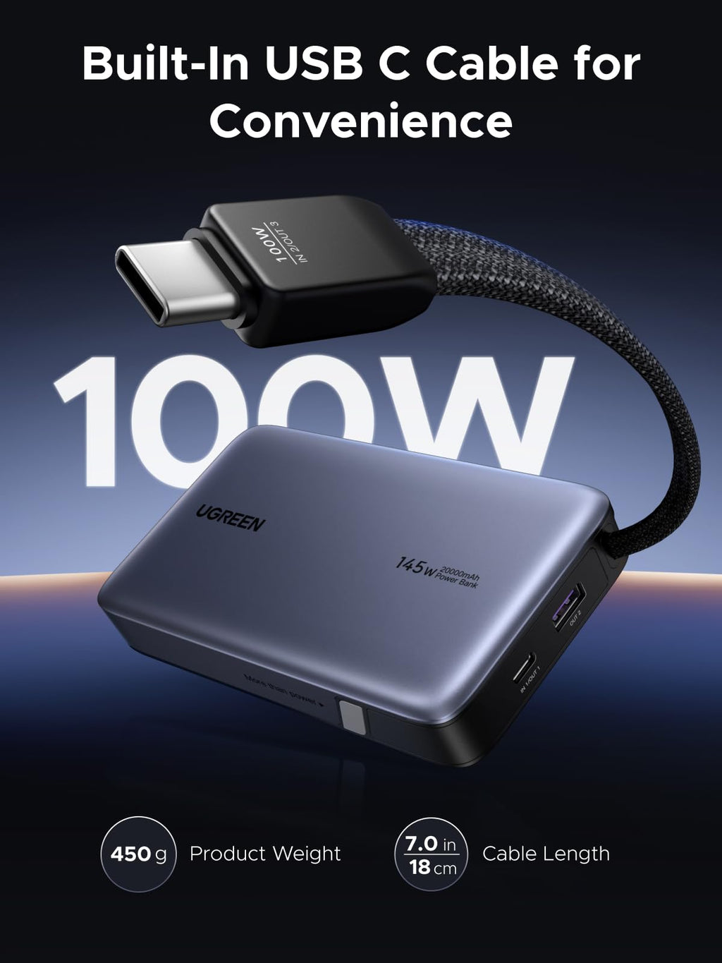 UGREEN Nexode Power Bank (20000mAh, 145W, 3 - Port, Built - in Cable) - UGREEN EU
