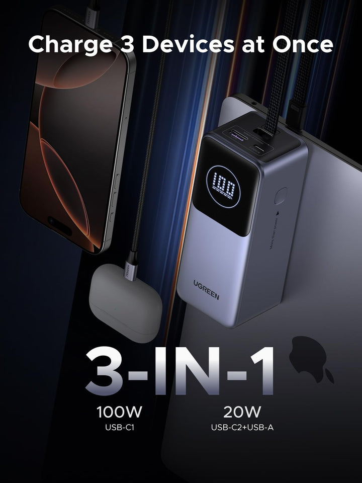 UGREEN Nexode Power Bank (20000mAh,130W, 3 Ports, Built - in Cable) - UGREEN EU