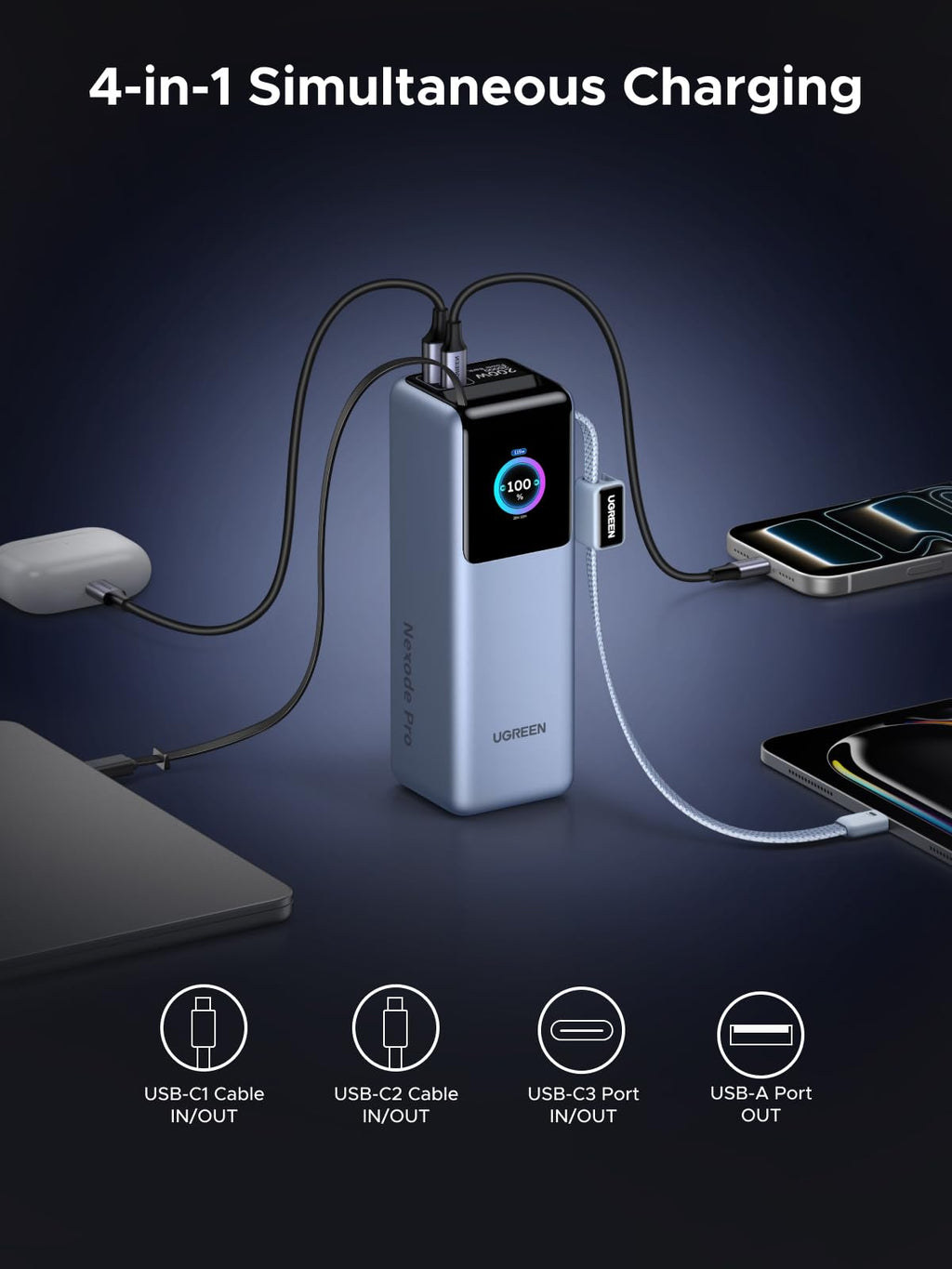 UGREEN Nexode Power Bank with Retractable Cable (25000mAh, 200W, 4 Ports) - UGREEN EU