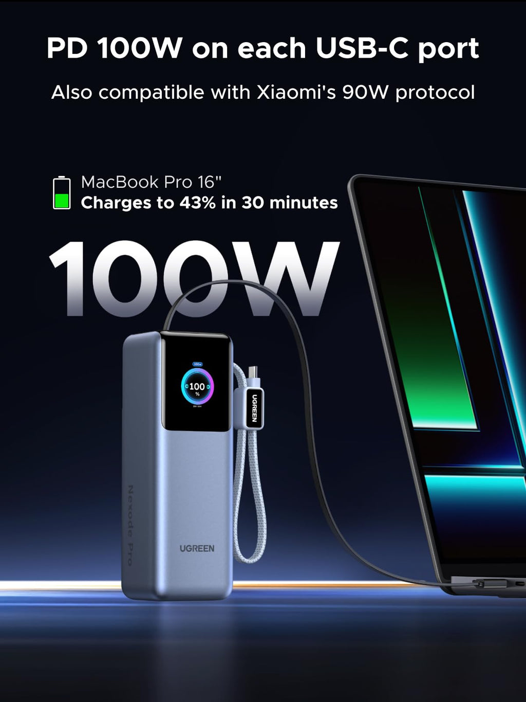 UGREEN Nexode Power Bank with Retractable Cable (25000mAh, 200W, 4 Ports) - UGREEN EU