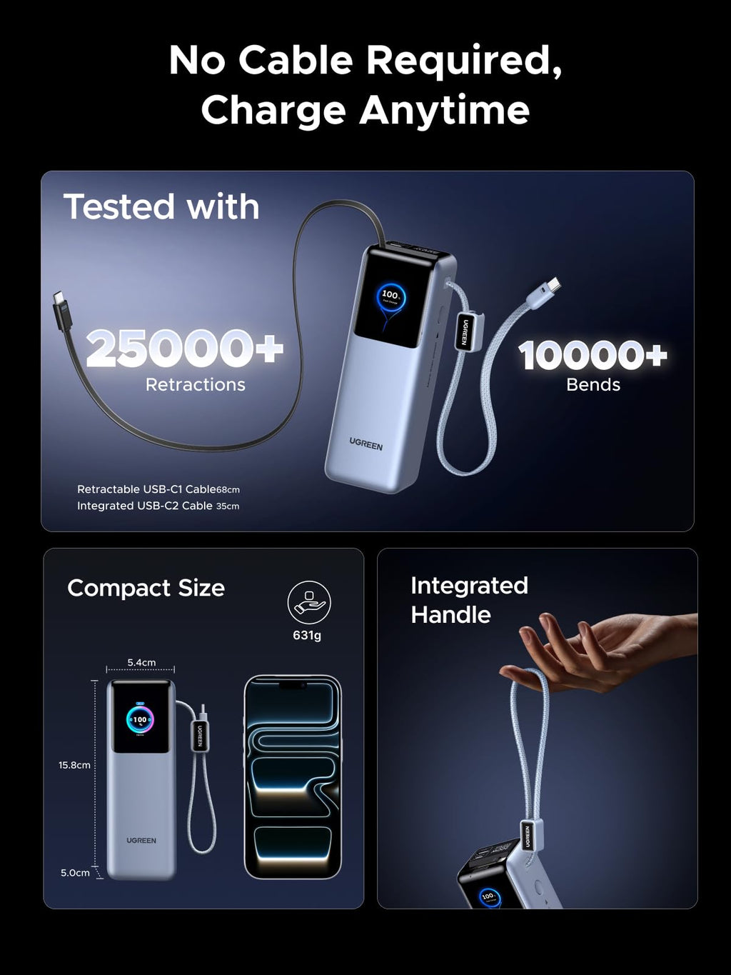 UGREEN Nexode Power Bank with Retractable Cable (25000mAh, 200W, 4 Ports) - UGREEN EU