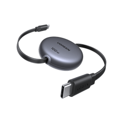 UGREEN Nexode Retractable USB-C Cable 100W with smart E-marker chip, supports super-fast 100W charging, lightweight portable design, durable construction tested for over 25,000 retractions, and easy-to-use 4-level length adjustment for tangle-free convenience.