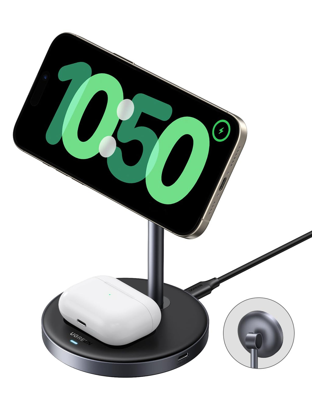 The UGREEN MagFlow 2-in-1 Wireless Charger is in a stand form.