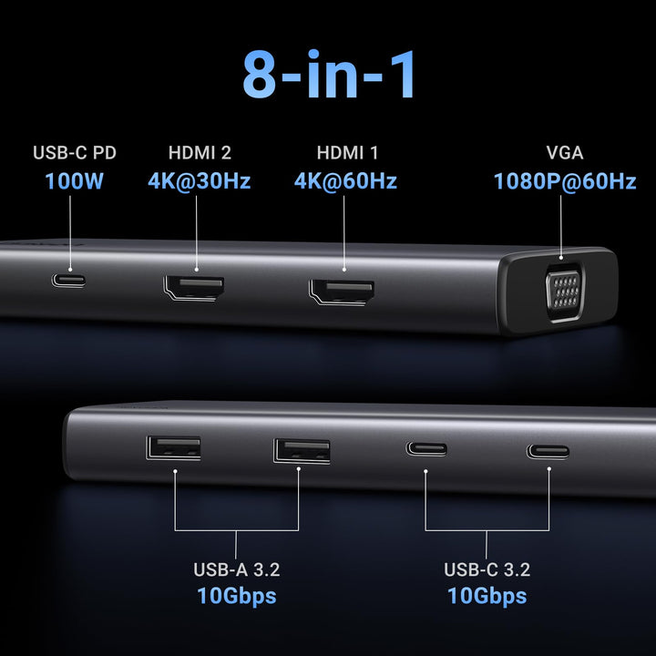 UGREEN Revodok Pro 308 USB C Docking Station, Triple Display USB C Dock with 2 HDMI and VGA, 10Gbps USB - C and USB - A Data Ports, 100W PD, for HP Laptops, ThinkPad, Surface Pro and More - UGREEN EU