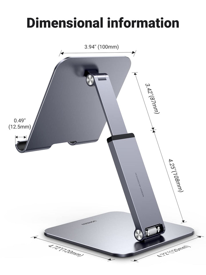 UGREEN Tablet Stand Holder for Desk Height Adjustable Aluminum Foldable Desktop Tablet Holder Wide Base Dock Multi-Angle Riser Compatible with iPad Pro 12.9, 11, 10.5 Air Mini 6 5 4 3 2, Grey - UGREEN EU