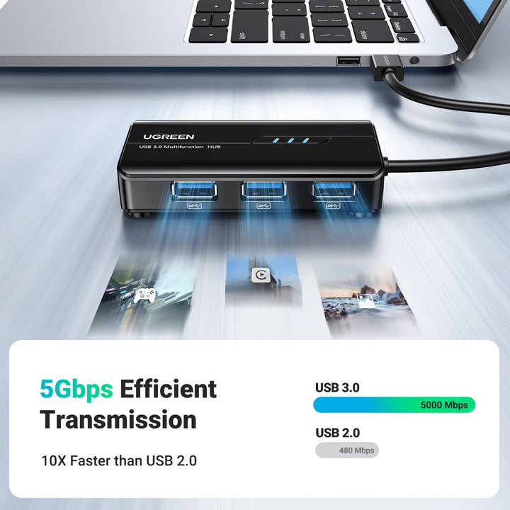 UGREEN USB 3.0 Hub Ethernet Adapter 10 100 1000 Gigabit Network Converter with 3 USB 3.0 Ports Hub Compatible with Laptop PC Nintendo Switch MacBook Mac Mini Surface XPS Windows Linux macOS, and More - UGREEN EU