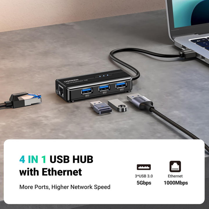 UGREEN USB 3.0 Hub Ethernet Adapter 10 100 1000 Gigabit Network Converter with 3 USB 3.0 Ports Hub Compatible with Laptop PC Nintendo Switch MacBook Mac Mini Surface XPS Windows Linux macOS, and More - UGREEN EU