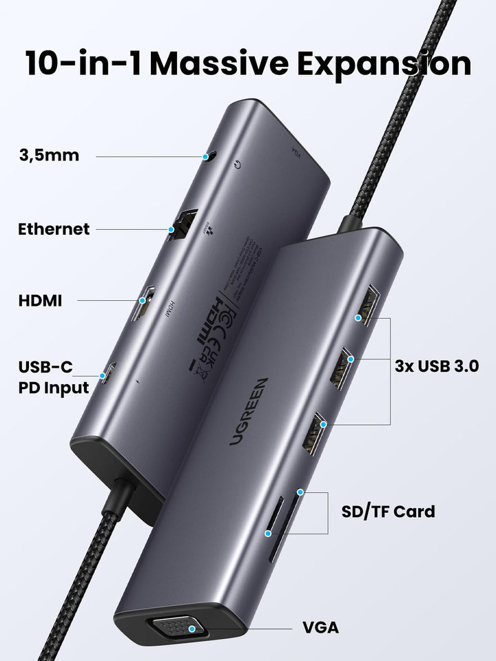 UGREEN USB C Hub, 10 - in - 1 USB - C Dongle with 4K HDMI & VGA Dual Monitor - UGREEN EU