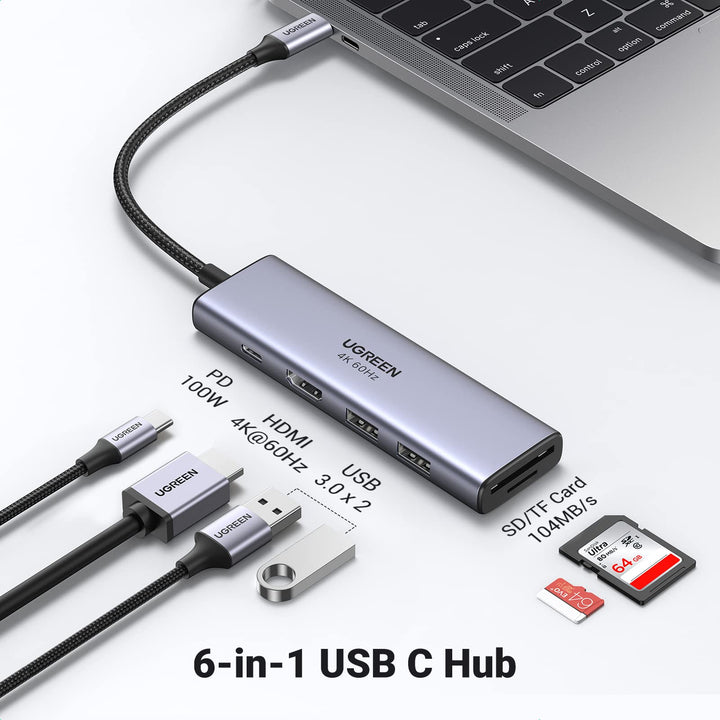 UGREEN USB C Hub 4K 60Hz, 6-in-1 USB C to USB Adapter with 100W PD, HDMI Adapter, USB3.0, SD/TF Card Reader, USB-C Multiport Adapter Type C Dongle for MacBook Pro Air, iPhone 15 Pro/Pro Max Dell, HP - UGREEN EU