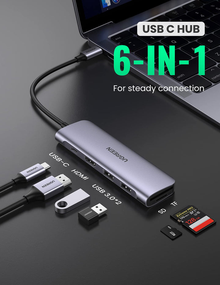 UGREEN USB C Hub 6 in 1 Dongle to HDMI 4K 2 USB 3.0 Ports SD TF Card Reader 100W PD Charging Adapter Dock Station for MacBook Pro Air 2020 2019 2018 Galaxy Note 10 S10 S9 S8 Surface Go XPS 13 15 - UGREEN EU