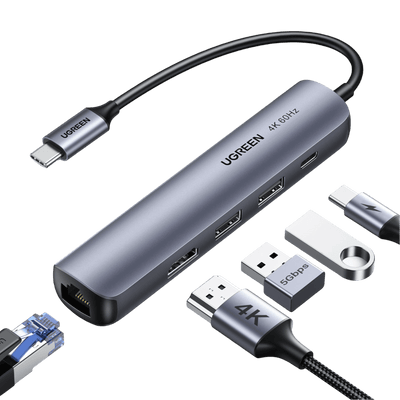 Hub USB C UGREEN 60 Hz, adaptateur Gigabit USB C vers Ethernet 5-en-1 avec HDMI 4K 