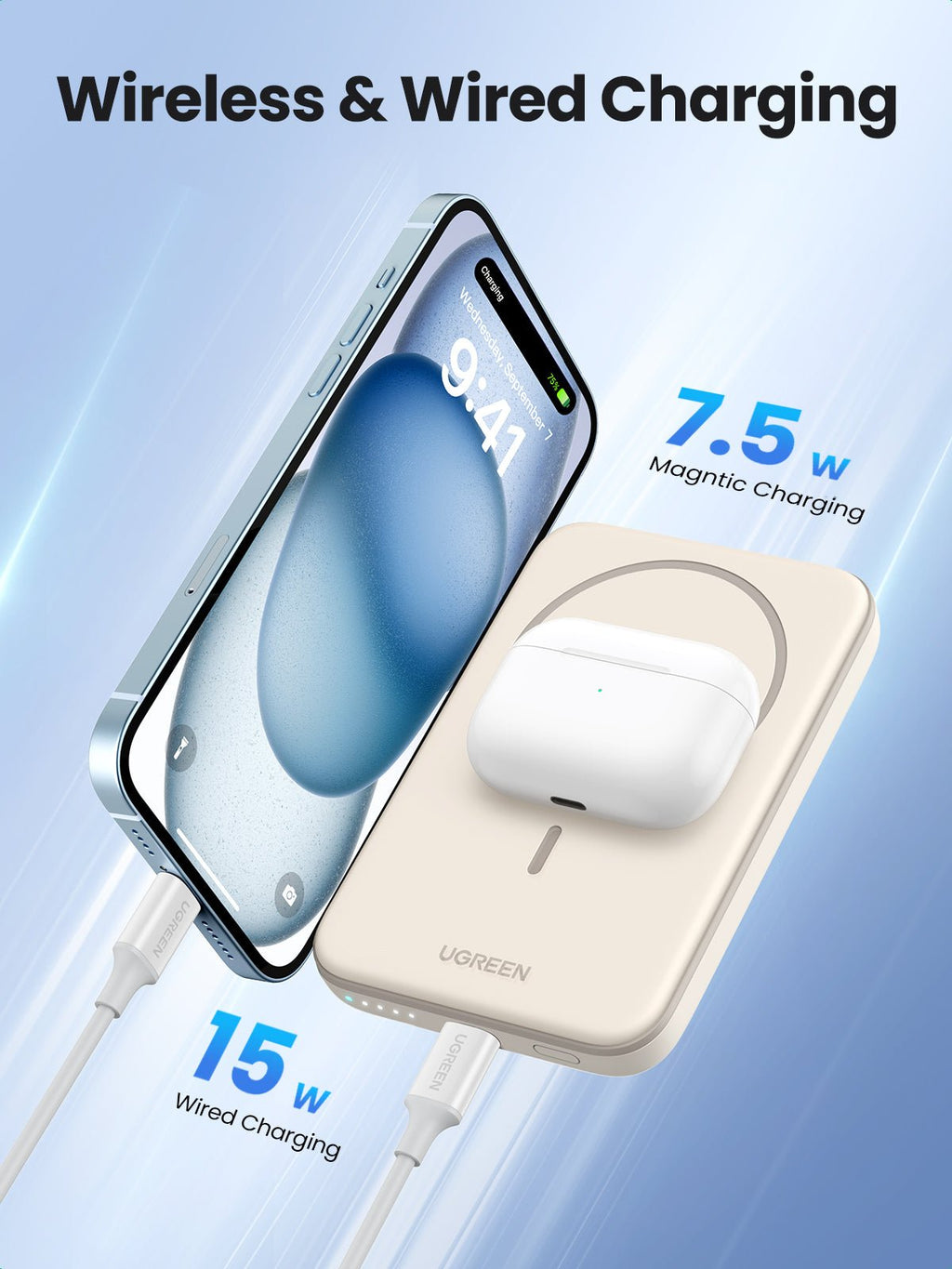 UGREEN Wireless Powerbank 5000mAh Magnetische Power Bank, wireless and wired charging, 15W wired charging, 7.5W magnetic charging