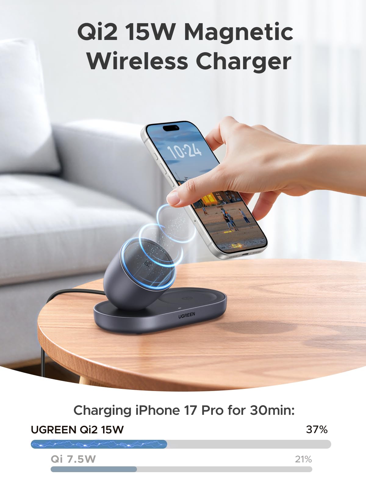 UGREEN Zapix Magnetic Wireless Charger (2 - in - 1, Qi2 15W, MagSafe Compatible) - UGREEN EU