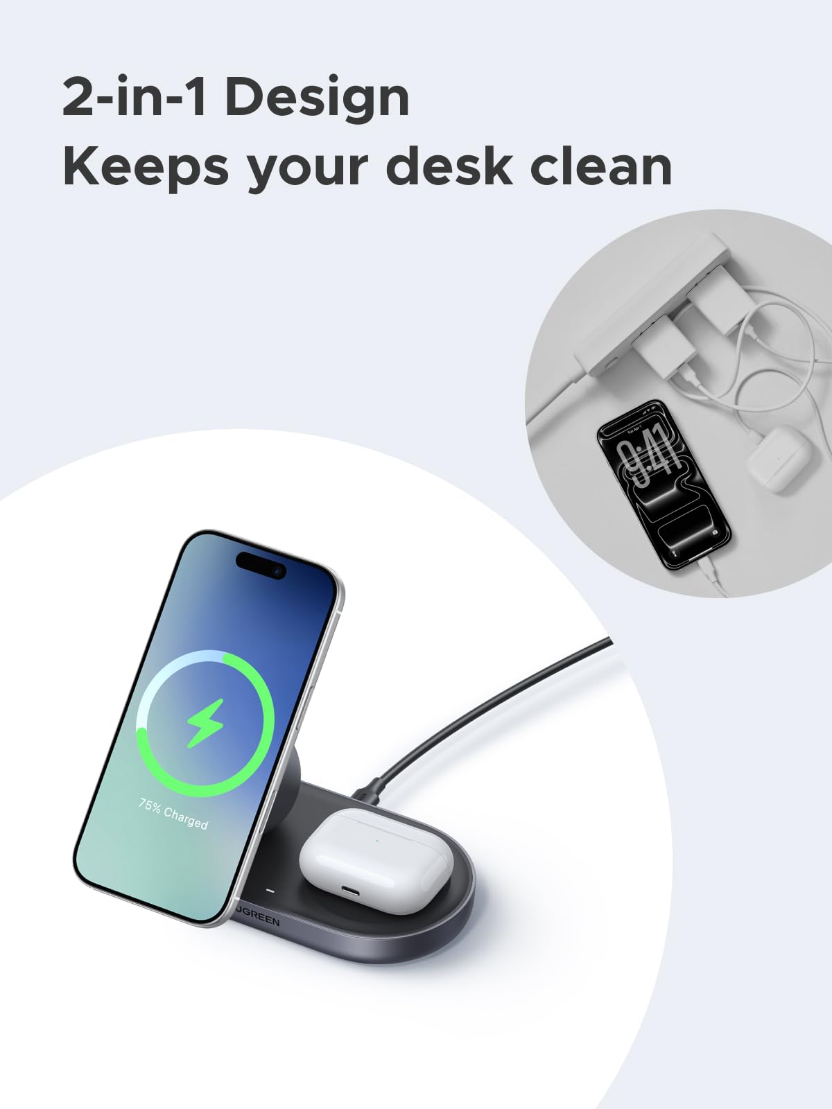 UGREEN Zapix Qi2 Caricatore Wireless 2-in-1 Per IPhone E AirPods – 15W, MagSafe, Base Ergonomica A 48°