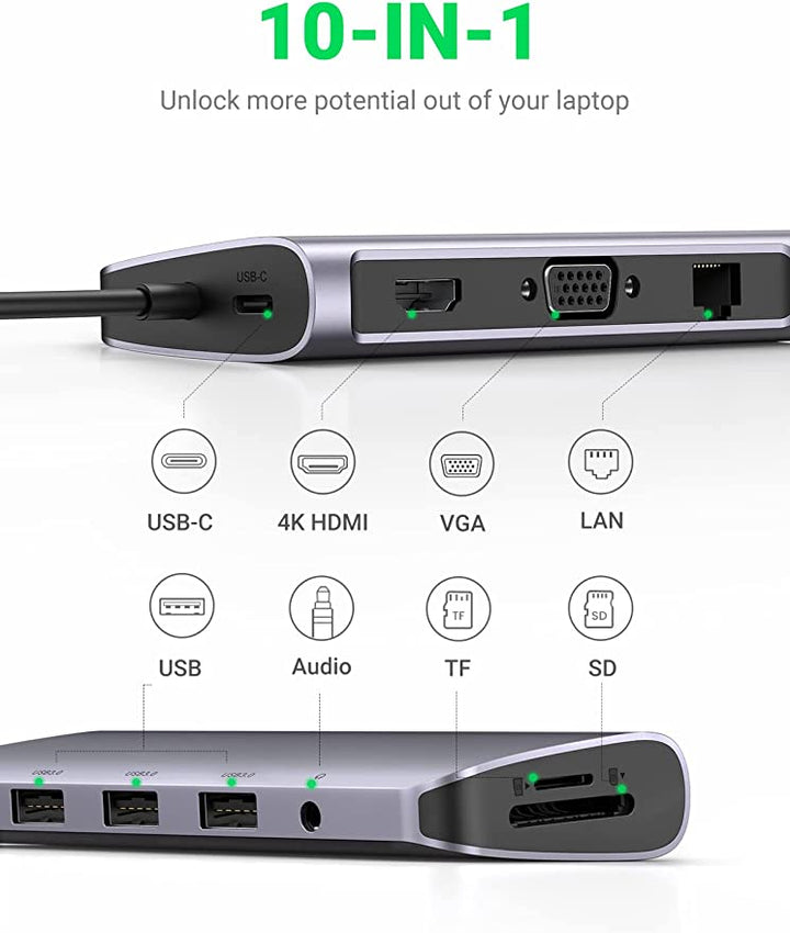 UGREEN 10-in-1 USB C Hub with 4K HDMI, VGA, 1Gbps Ethernet, 100W PD, 3 USB 3.0 Port, SD/TF Card Slot and 3.5mm Audio
